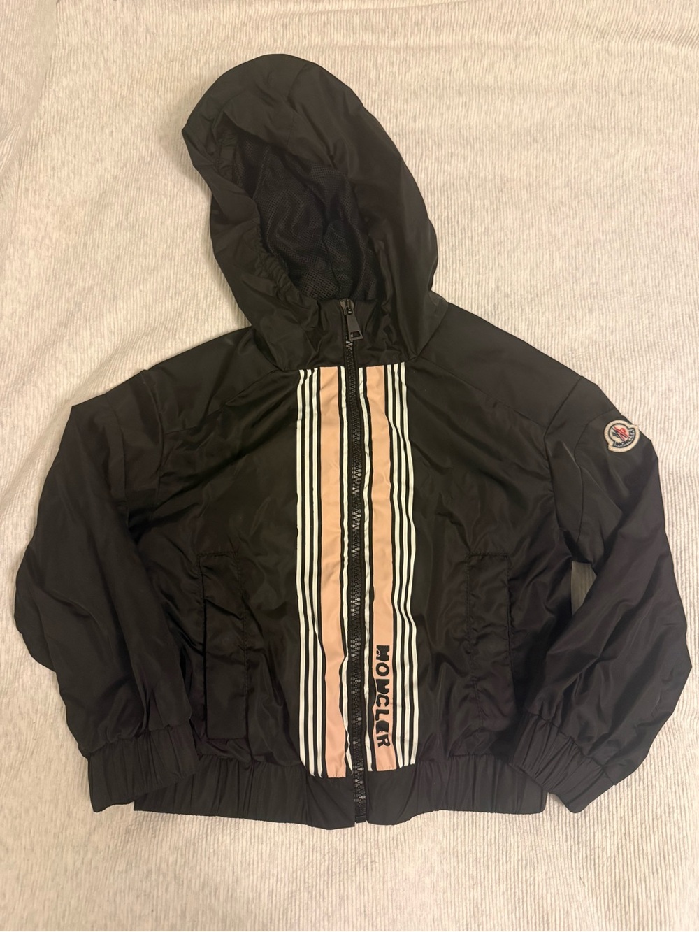 Moncler Black Hooded Jacket with Tan/Dusty Pink and White Stripe Panel Size 6
